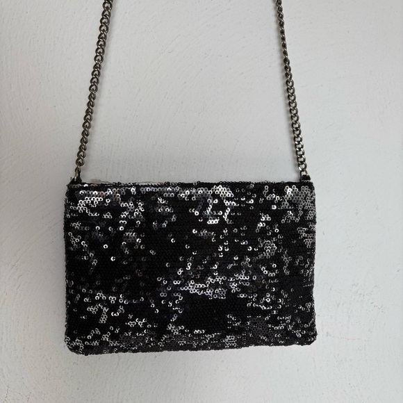 J. CREW Factory Black Silver Sequins Chain Strap Crossbody Sparkly Elegant Bag - Picture 7 of 16